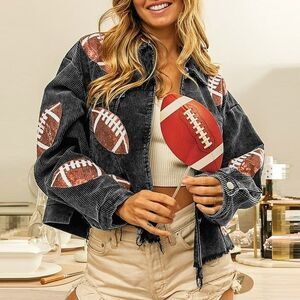 NWT Black Cordoroy And Sequins Football Jacket Size M